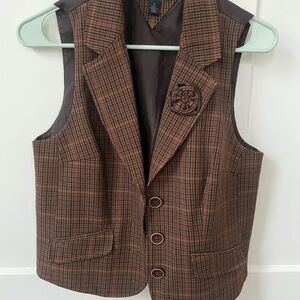 Brown Plaid Vest with Button Details